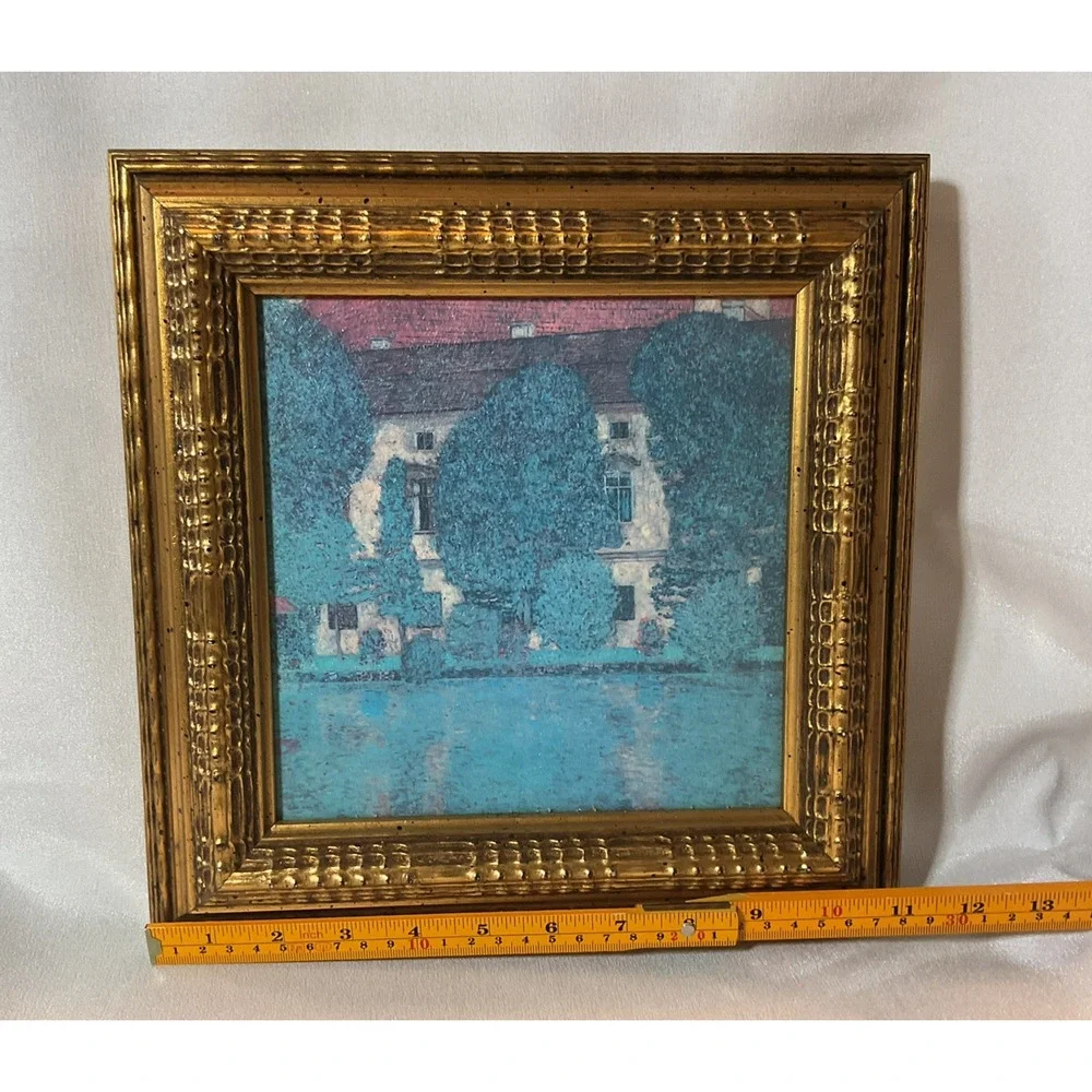 Vintage Textured European Estate Landscape Art Ornate Gold Frame 11.5x11